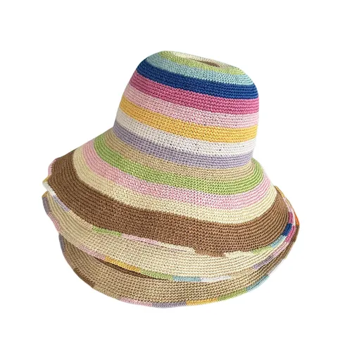 Handgemachte Raffia Strohhut Damen Sommer Faltbare Fischerhut Breite Krempe Gestreift Blumenstickerei Sonnenhut Strand Urlaub Kappe