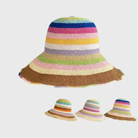 Handgemachte Raffia Strohhut Damen Sommer Faltbare Fischerhut Breite Krempe Gestreift Blumenstickerei Sonnenhut Strand Urlaub Kappe