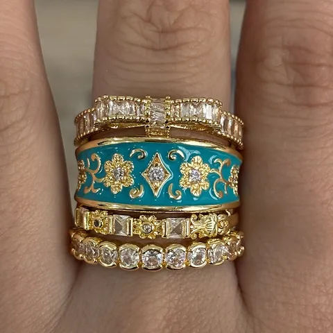 Retro Paleis Stijl Vierdelige Ring Set Koper Zirkonia Epoxyhars Bloemen Strik Ring Mode Vinger Sieraden Voor Vrouwen