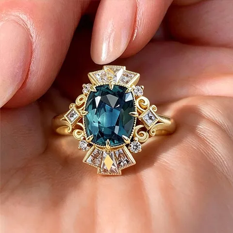 Vintage Court Style Copper Ring For Women European Carved Blue Zirconia Glass Geometric Finger Ring Fashion Jewelry