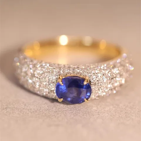 European Classic Oval Simulated Blue Sapphire Ring Copper Zirconia Micro-Pave Engagement Wedding Jewelry For Women