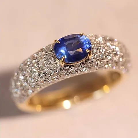 European Classic Oval Simulated Blue Sapphire Ring Copper Zirconia Micro-Pave Engagement Wedding Jewelry For Women