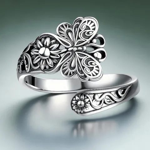 Französischer Vintage Kupfer Offener Ring Exquisiter Schmetterling Relief Blumen Ring Verstellbarer Modeschmuck Fingerring Geschenk