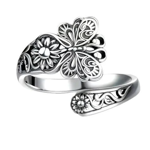 Französischer Vintage Kupfer Offener Ring Exquisiter Schmetterling Relief Blumen Ring Verstellbarer Modeschmuck Fingerring Geschenk