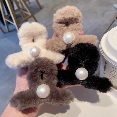 Molla per Capelli in Peluche Soffice Con Perla Artificiale Simpatica Pinza Squalo Invernale Accessori per Acconciature Posteriore per Donna