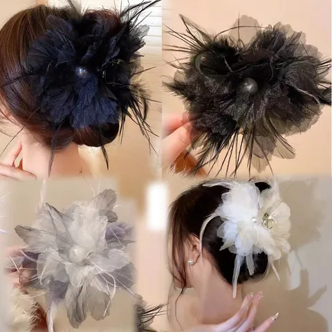 Large Pearl Feather Hair Claw Clip Elegant Camellia Hair Catch Clip Nonslip Hair Accessories For Women Girls