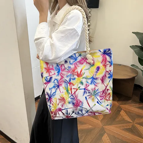 Sac Fourre-tout Décontracté en Coton et Lin Pour Femmes Avec Poignée en Corde de Chanvre Impression à Chaud Grande Capacité