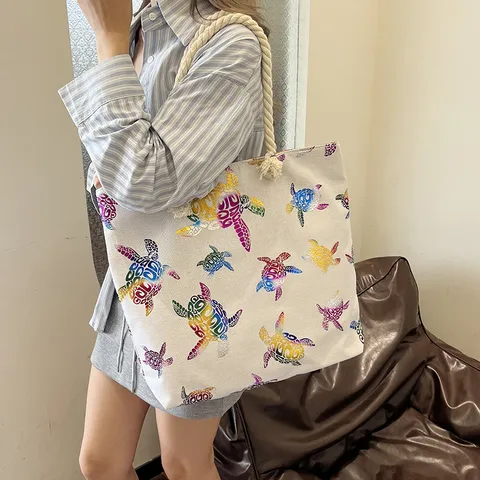 Sac Fourre-tout Décontracté en Coton et Lin Pour Femmes Avec Poignée en Corde de Chanvre Impression à Chaud Grande Capacité