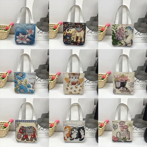 Ethno Gestickte Canvas Handtasche Vintage Jacquard Elefant Katze Blumen Umhängetasche Lässige Kleine Reißverschluss Reisetasche Für Damen