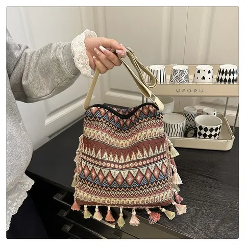 Femmes Style Ethnique Sac Bandoulière Tressé à Glands Motif Géométrique Rétro Sac à Main d'Épaule en Toile Voyage Loisir