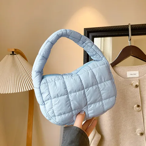 Sac à Main Puffer Matelassé Uni Décontracté pour Femmes Tissu Doux Tote Bag Sac Bandoulière Minimaliste Quotidien Fermeture Éclair