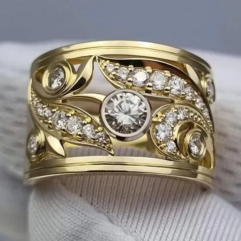 Modischer Zweifarbiger Kupfer Zirkonia Eingelegt Breit Bandring Hohlblatt Geometrisches Muster Ring Schmuck Für Damen Büro Alltag