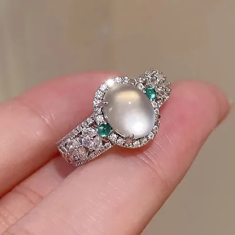 French Vintage Court Style Copper Zirconia Oval Imitation Moonstone Ring Elegant Women Finger Jewelry Gift