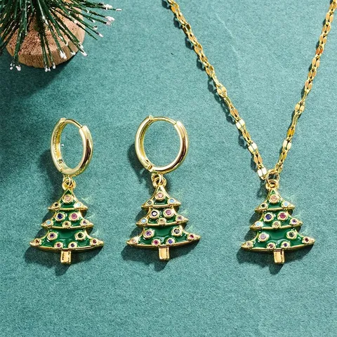 Juego de Joyas de Árbol de Navidad de Cobre Tono Dorado Esmalte Verde Colgante de Strass Colorido Collar Cadena en O Pendientes para Mujer Regalo de Fiesta