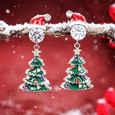Pendientes Colgantes de Navidad Papá Noel Árbol de Navidad para Mujer Elegante Cobre Strass Pintado al Esmalte Pendientes Coloridos Fiesta Joyería Regal