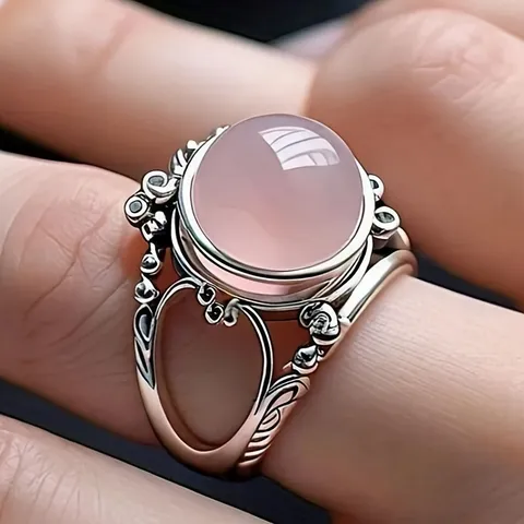 Anillo Incrustado Strass Rosa Resina Cobre Exótico Palacio Vintage Tallado Hueco Redondo Geométrico Tono Platino Anillo de Dedo para Mujer Joyería Fiesta