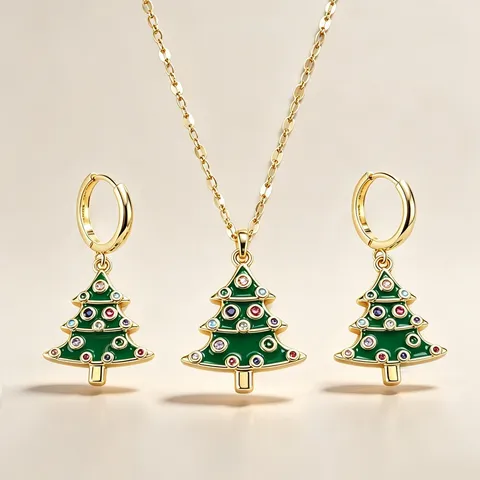 Juego de Joyas de Árbol de Navidad de Cobre Tono Dorado Esmalte Verde Colgante de Strass Colorido Collar Cadena en O Pendientes para Mujer Regalo de Fiesta