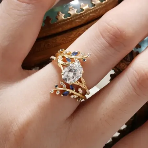 French Vintage Copper Zirconia Leaf Ring Creative Design Double Layer Plant Vines Inlaid Marquise White Blue Crystal Jewelry For Women Wedding Statement Ring