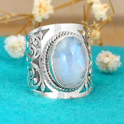 Vintage Ethnic Copper Hollow Carved Patterned Ring With Oval Imitation Moonstone Rhinestone Geometric Band Ring For Women Jewelry Gift