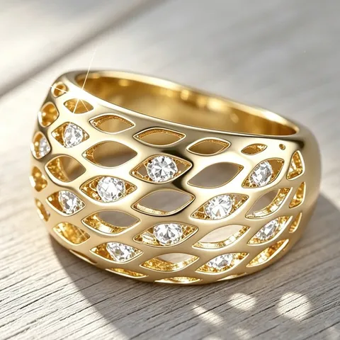 Luxus Kupfer Zirkonia Geometrisches Gitter Breitband Offener Fingerring Für Damen Vintage Elegant Pendeln Schmuck Geschenk Vergoldeter Hohlring