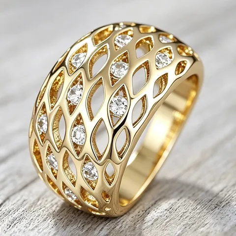 Luxus Kupfer Zirkonia Geometrisches Gitter Breitband Offener Fingerring Für Damen Vintage Elegant Pendeln Schmuck Geschenk Vergoldeter Hohlring