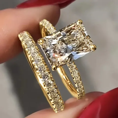 Moda Cobre Circonia Cuadrado Geométrico Anillo Set Exagerado Declaración Compromiso Banda Anillos Para Mujeres Joyería Regalo