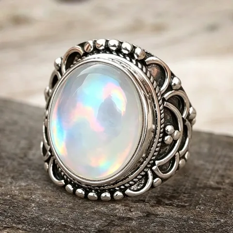 Vintage Palace Copper Faux Moonstone Engraved Open Ring Antique Silver Geometric Palace Style Intricate Pattern Ring For Women Jewelry Gift