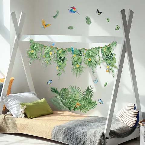 Stickers Muraux Plantes Tropicales Et Fleurs Aquarelle Lianes Suspendues Papillon Decals Muraux Auto-Adhésifs PVC Autocollants Décoratifs Pour Salon Chambre Maison