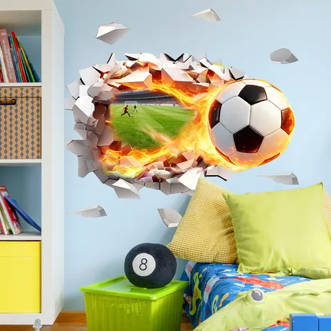 3D Broken Wall Soccer Sticker Creative Flame Football Removable PVC Wall Art Decoration For Living Room Bedroom Playroom Decor
