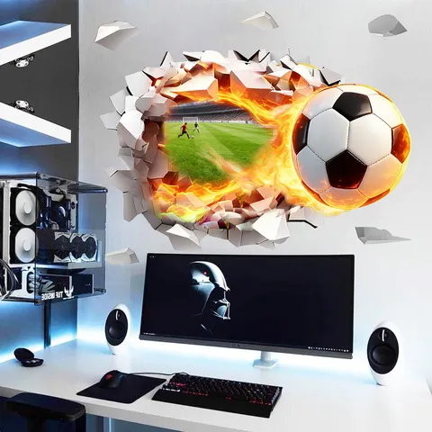 3D Broken Wall Soccer Sticker Creative Flame Football Removable PVC Wall Art Decoration For Living Room Bedroom Playroom Decor