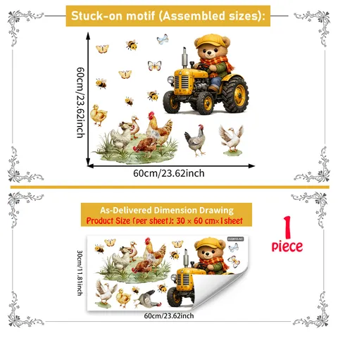 Tweezijdig Statische Raamsticker Cartoon Boerderij Beer Rijden Tractor Glas Decor Bedrukt PVC Decal Voor Kinderkamer Etalage Thuis