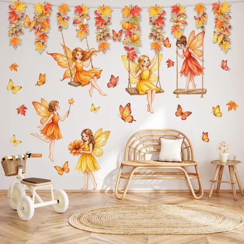 Cartoon Fairy Flower Vine Wall Stickers Removable Maple Leaf Garland Set For Living Room Bedroom Background Wall Decor