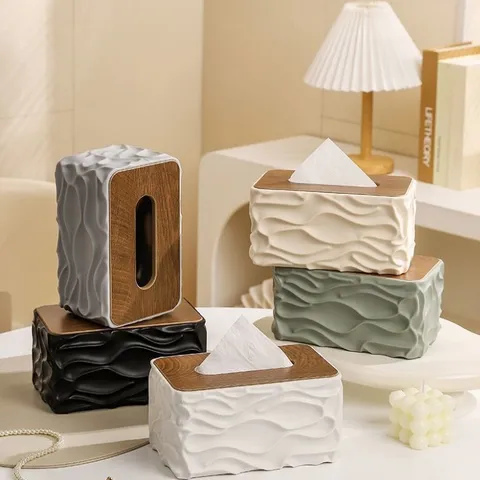 Scatola per Fazzoletti in Plastica Moderna e Creativa Scrivania Grande Capacità Portatovaglioli Rigato con Copertura in Legno