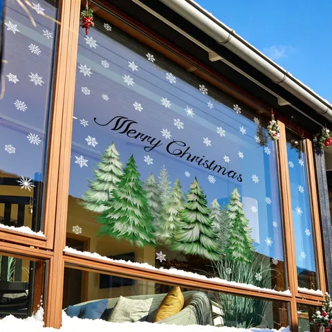 Christmas Pine Branches Snowflake Static Window Sticker PVC Removable Glass Decals Holiday Showcase Festive Atmosphere Home Decoration Wall Clings