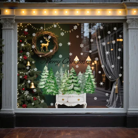 Christmas Pine Branches Snowflake Static Window Sticker PVC Removable Glass Decals Holiday Showcase Festive Atmosphere Home Decoration Wall Clings
