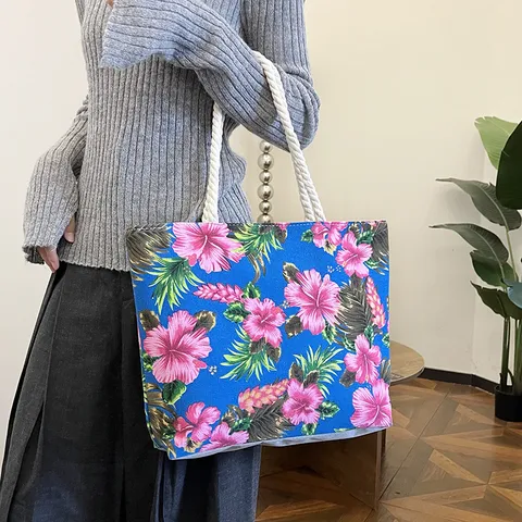 Damen Floral Bedruckt Segeltuch Tragetasche Große Kapazität Umhängetasche Casual Urlaub Tasche Mit Baumwollseil Griff