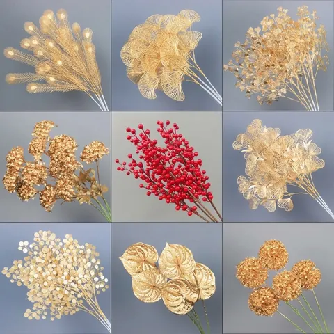 Traditionelle Festliche Kunststoff Künstliche Blumen Rote Winterbeere Gold Eukalyptus Stiele Für Zuhause Wohnzimmer Weihnachten Feiertag Party Tisch Ornamente Dekoration