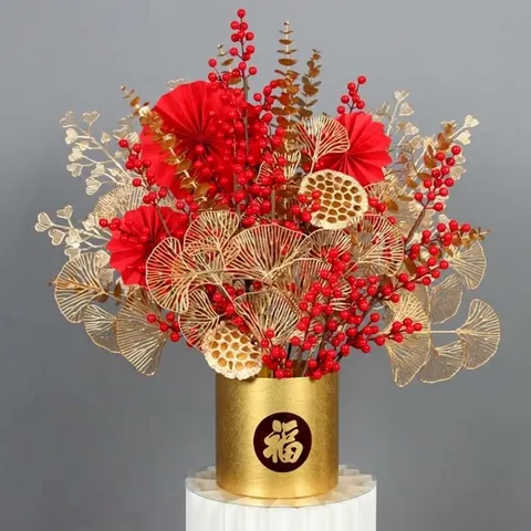 Traditionelle Festliche Kunststoff Künstliche Blumen Rote Winterbeere Gold Eukalyptus Stiele Für Zuhause Wohnzimmer Weihnachten Feiertag Party Tisch Ornamente Dekoration