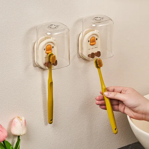 Portaspazzolino Elettrico da Parete Senza Foratura Supporto per Zahnbürste da Bagno con Tazza Design Anatra Cartoon Organizer in Plastica