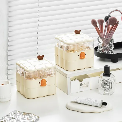 Mignonne Boîte à Bijoux Rotative Multicouche en Dessin Animé Organisateur de Rangement de Bureau en Plastique pour Filles Bagues Colliers Boucles d'Oreilles