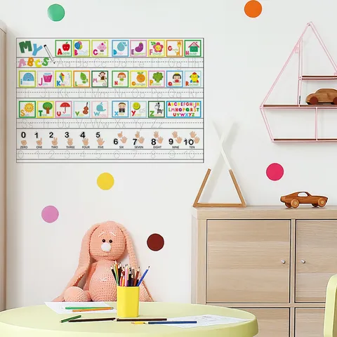 Vinilo Pared de PVC Reutilizable Alfabeto Números Borrable Educativo Dibujos Animados Tabla para Dormitorio Niños Aula Sala de Juegos