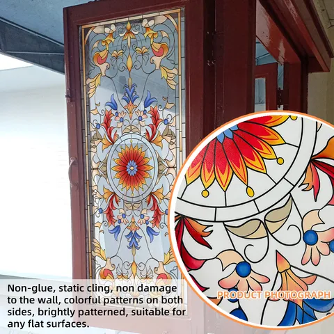 European Stained Glass Window Film Static Cling Privacy Decorative Glass Sticker Geometric Floral Removable Waterproof Door Cover Home Office Decor