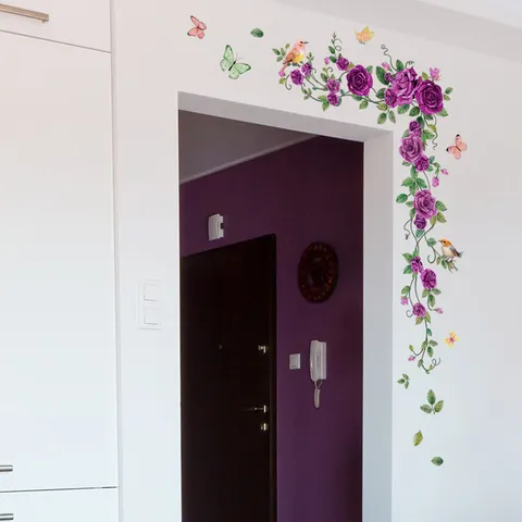 Modern PVC Purple Rose Floral Vine Wall Stickers Waterproof Self Adhesive Butterfly Bird Wall Decals For Living Room Bedroom Decor