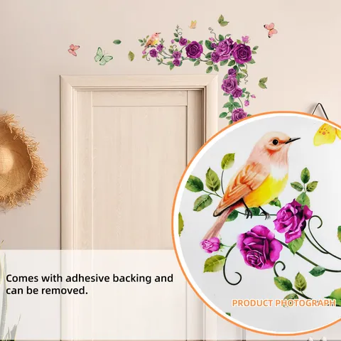 Modern PVC Purple Rose Floral Vine Wall Stickers Waterproof Self Adhesive Butterfly Bird Wall Decals For Living Room Bedroom Decor