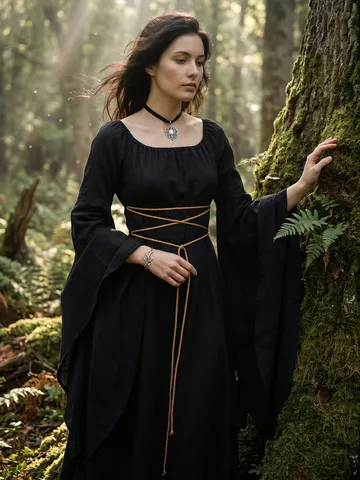 Mittelalterliches Gotisches Hexenkostüm Für Damen Halloween Party Bühne Performance Schwarz Ausgestellte Ärmel Schnürkleid Maxi
