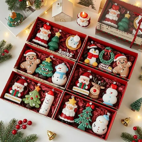 Collection de Bougies Parfumées de Noël Cire de Soja Aromathérapie Père Noël Bonhomme de Neige Forme Sapin Décor de Bureau Cadeau