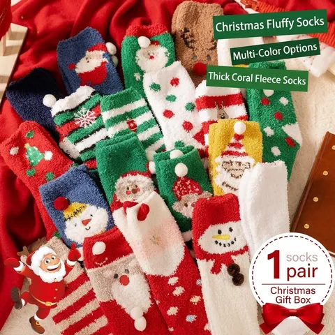 Weihnachten Korallenvlies Socken Damen Dick Warm Bodensocken In Klarer Ornament Kugel Cartoon Weihnachtsmann Schneemann Wadenlange Socken