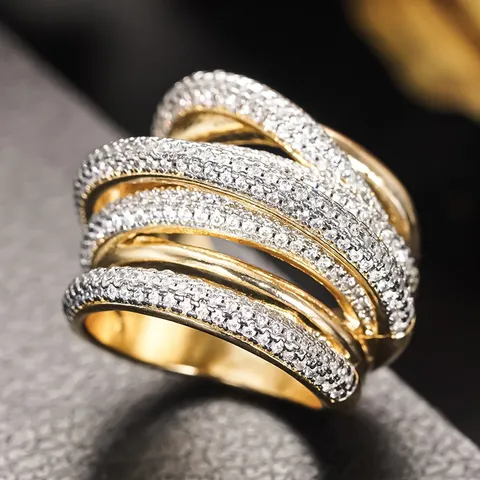 Old Money Luxuriös Kupfer Zweifarbig Galvanisiert Geometrisch Mehrreihig Strass Breit Mehrschichtig Offen Statement Ring Für Damen Schmuck Geschenk