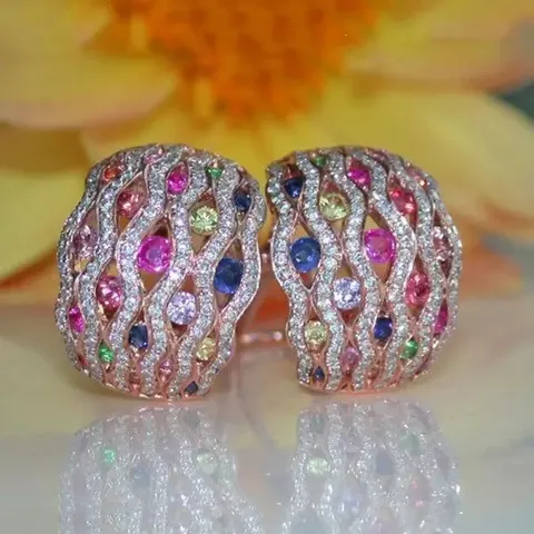 Luxuriös Kupfer Zirkonia Ring Ohrringe Set Mehrfarbig Bunte Steine Micro Pave Welle Ring Hochzeit Jahrestag Schmuck Geschenk Für Damen