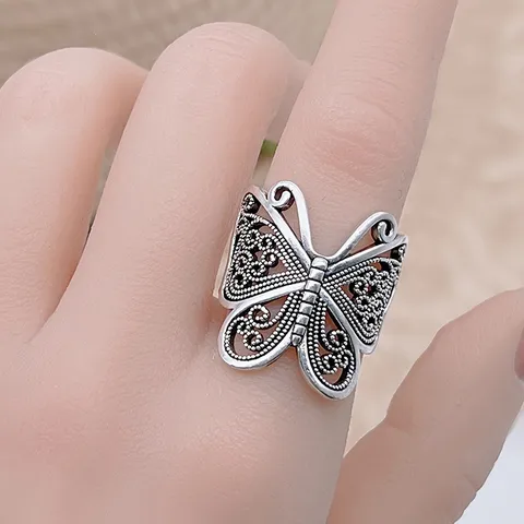 Vintage Antik Silber Hohl Schmetterling Ring Für Damen Palast Stil Kupfer Ring Britischen Retro Mode Schmuck Geschenk Zubehör